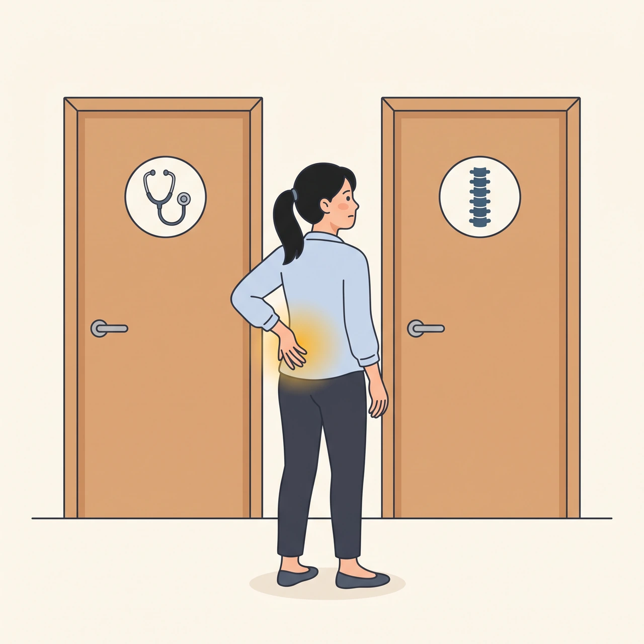 Illustration of a woman with lower back pain deciding between two doors, one marked with a stethoscope and one with a spine
