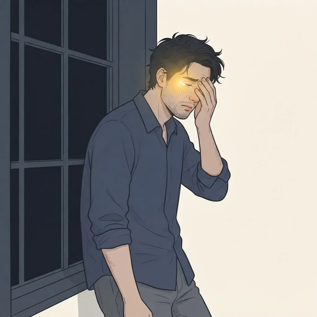 Illustration of a man standing by a window at night pressing one hand over his eye, with a golden glow around that eye and temple