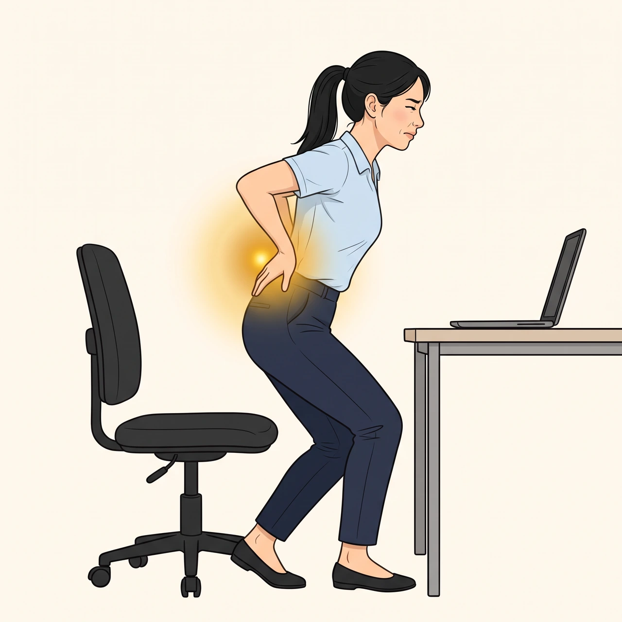 Illustration of an office worker rising from her chair with both hands on her lower back and a golden glow over the sore area