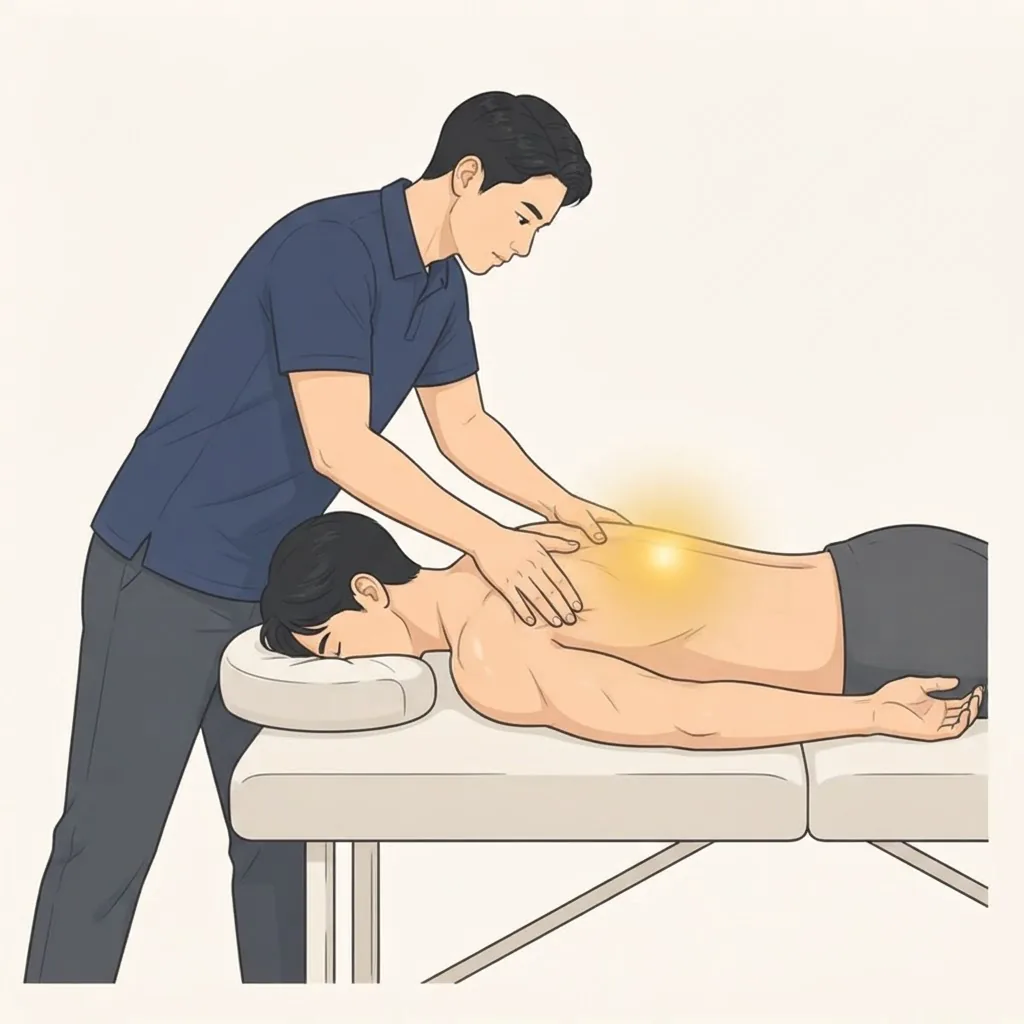 Illustration of a practitioner in a navy polo shirt working on the upper back muscles of a patient lying face down on a clinic table, with a golden glow across the upper back