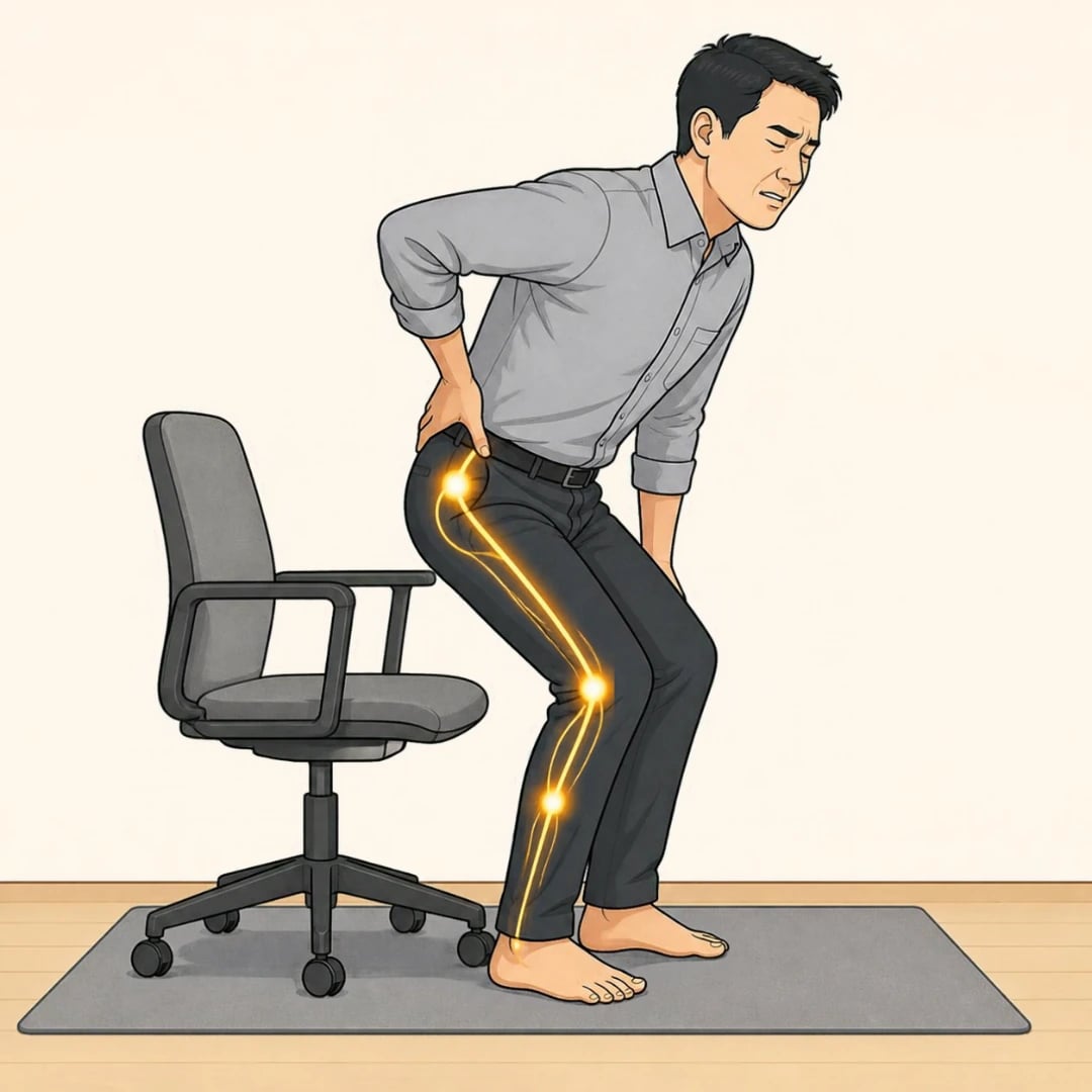 Illustration of an office worker rising from a chair with a hand on his lower back, a golden line tracing sciatic nerve pain down one leg