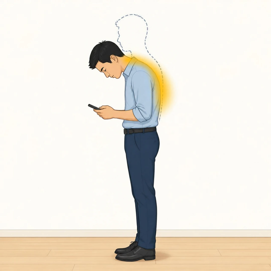 Illustration of a man bent over his phone with a golden glow over the back of his neck and upper back, beside a dashed outline of an upright posture