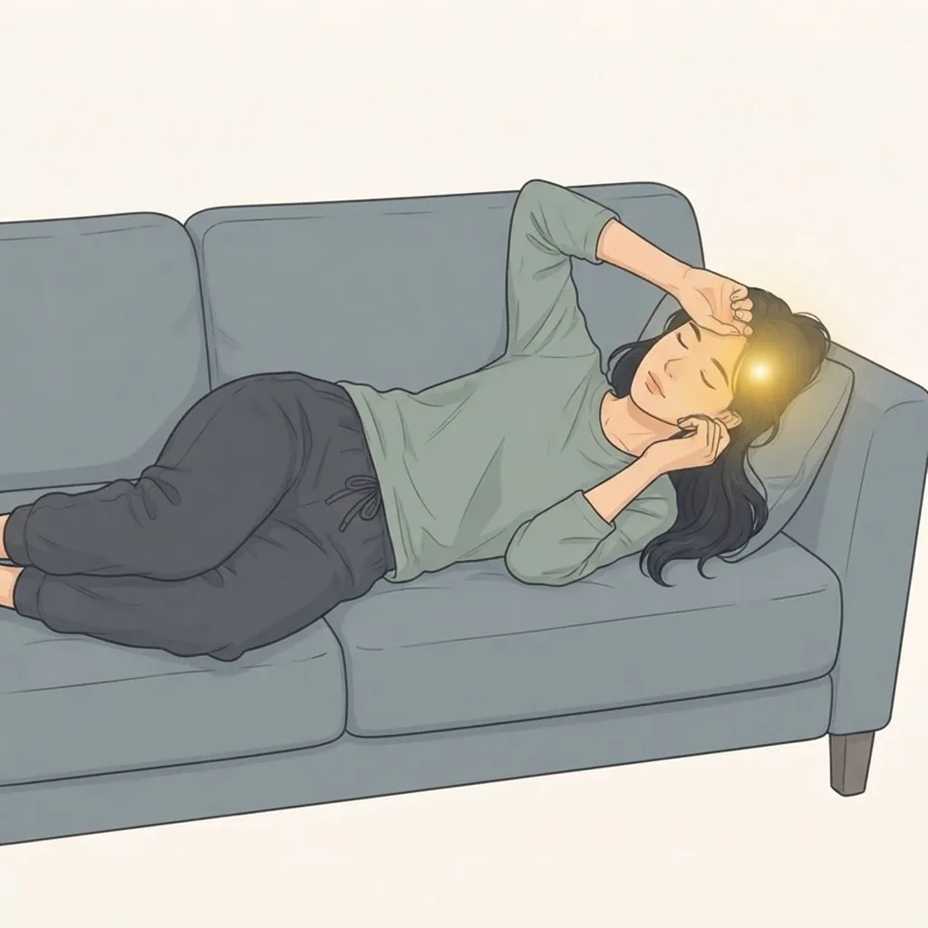 Illustration of a woman lying still on a sofa in a darkened room with her eyes closed and a hand at her temple, where a golden glow sits