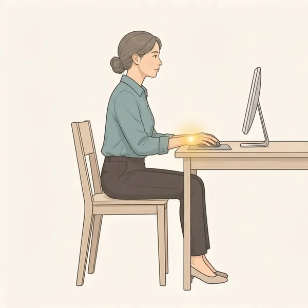 Ilustrasi seorang wanita di meja menggunakan tetikus komputer dengan pergelangan tangan terlentur ke atas, dan cahaya keemasan di pergelangan tangannya