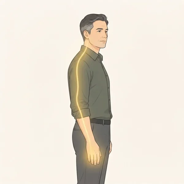 Ilustrasi seorang lelaki dari sisi dengan cahaya keemasan mengalir dari tepi lehernya menuruni lengan ke tangan