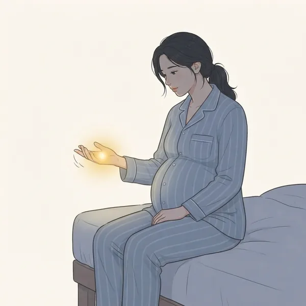 Ilustrasi seorang wanita hamil berbaju tidur duduk di tepi katil pada waktu malam sambil mengibas tangannya, dengan cahaya keemasan pada jarinya