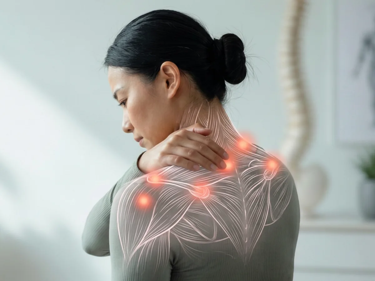 Illustration of knotted muscle highlighted across a person neck and upper back
