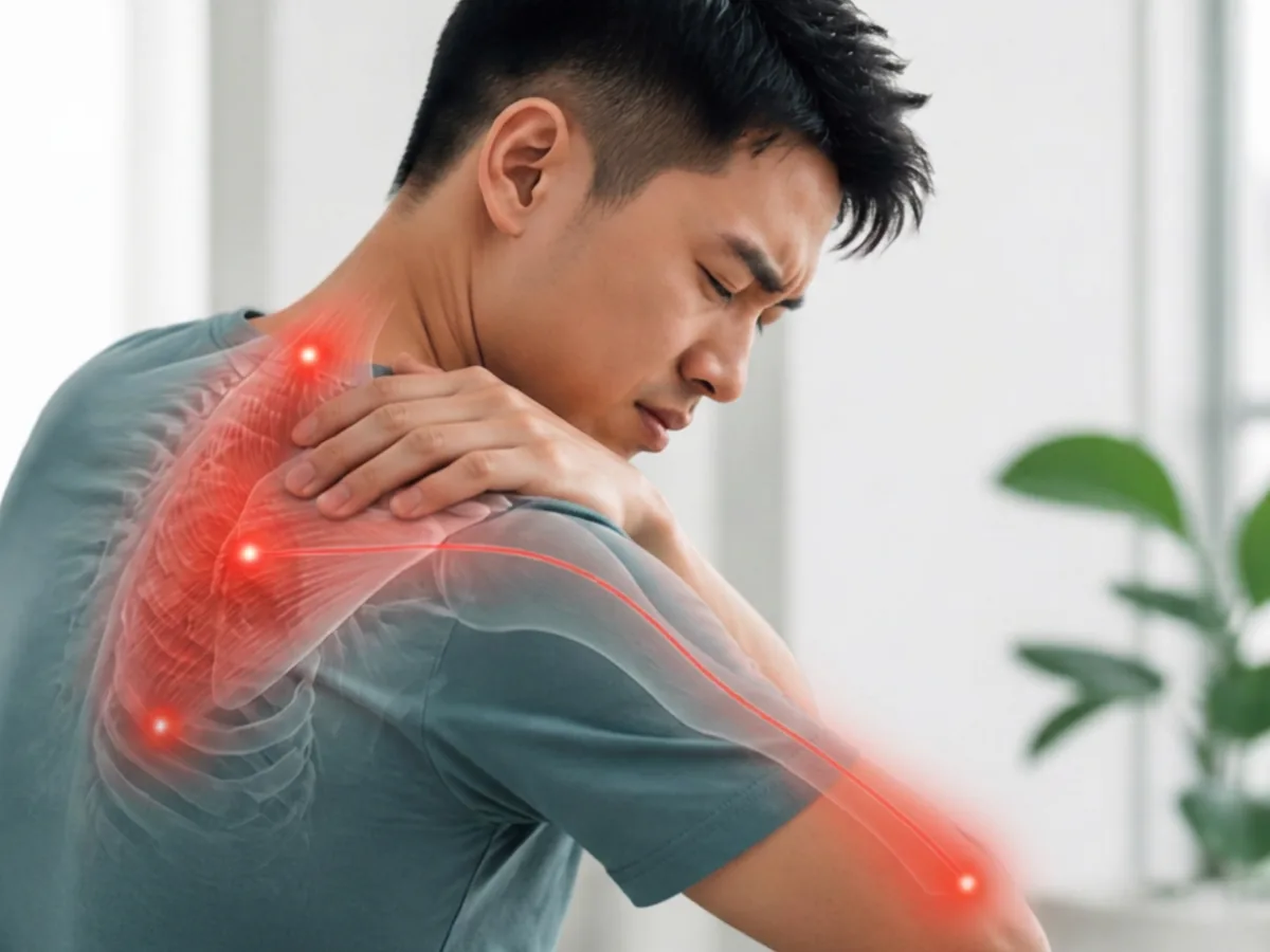 Illustration of trigger points in a person shoulder referring pain down the arm