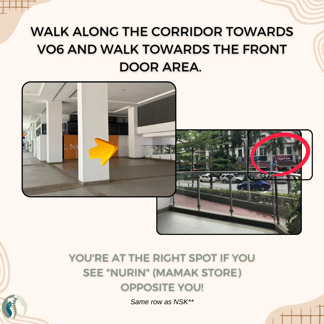 Ground floor corridor at Signature 2 leading to block VO6, with the Nurin mamak visible across the road
