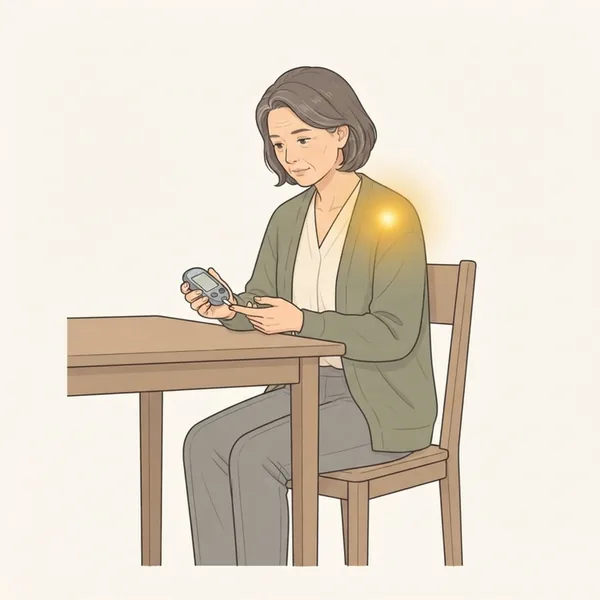 Ilustrasi seorang wanita duduk di meja memeriksa gula darahnya dengan meter glukosa kecil, dengan cahaya keemasan pada bahunya