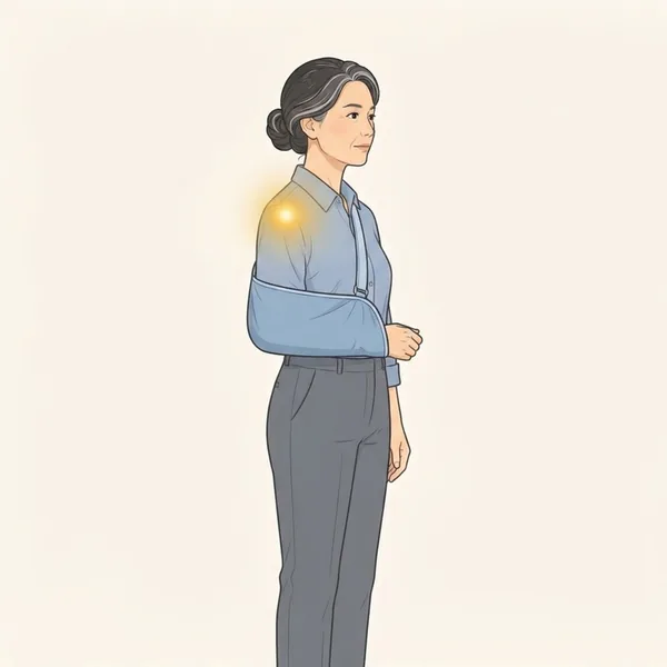 Ilustrasi seorang wanita berdiri dengan lengannya dalam anduh, dan cahaya keemasan pada bahu itu