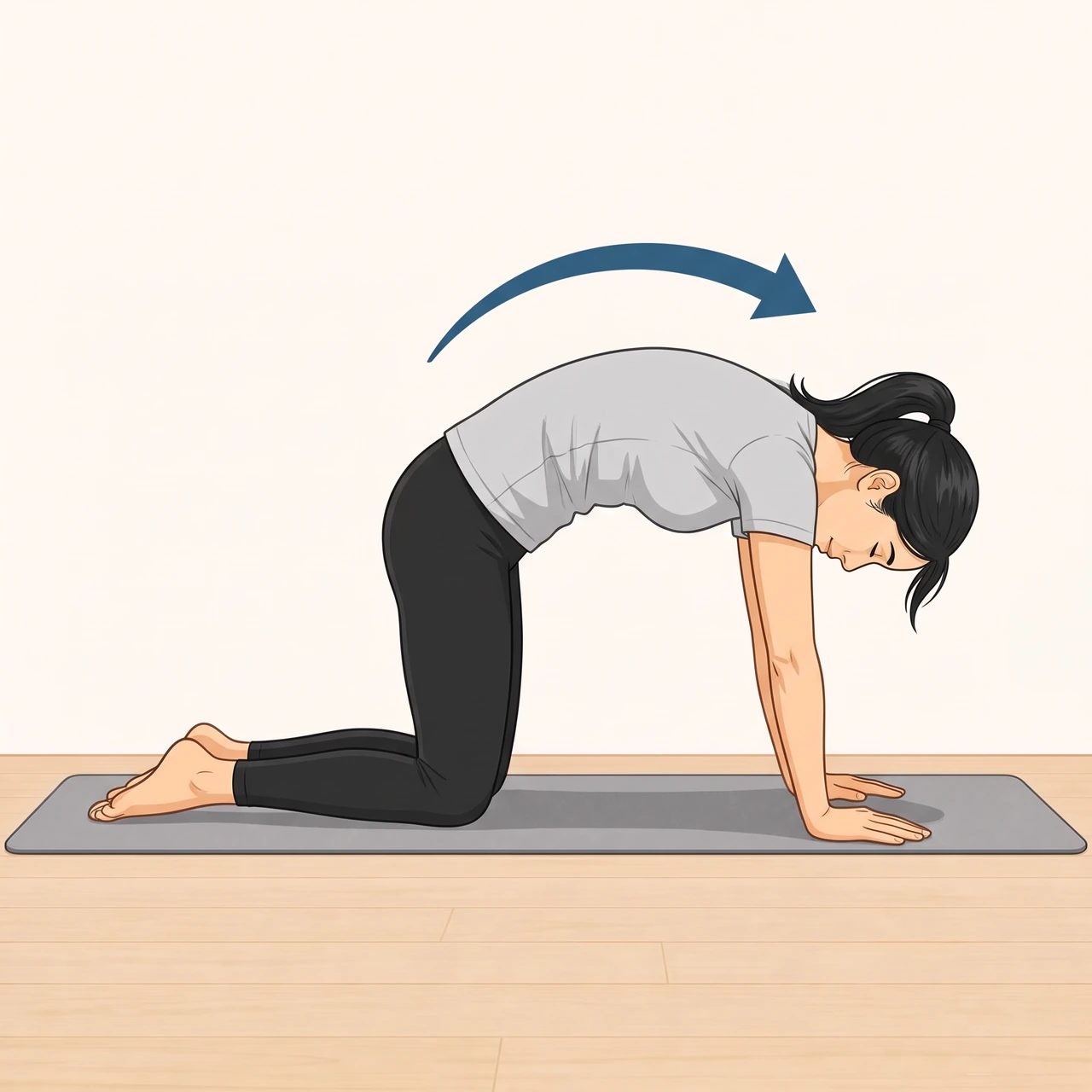 Illustration of a woman on hands and knees rounding her back up towards the ceiling