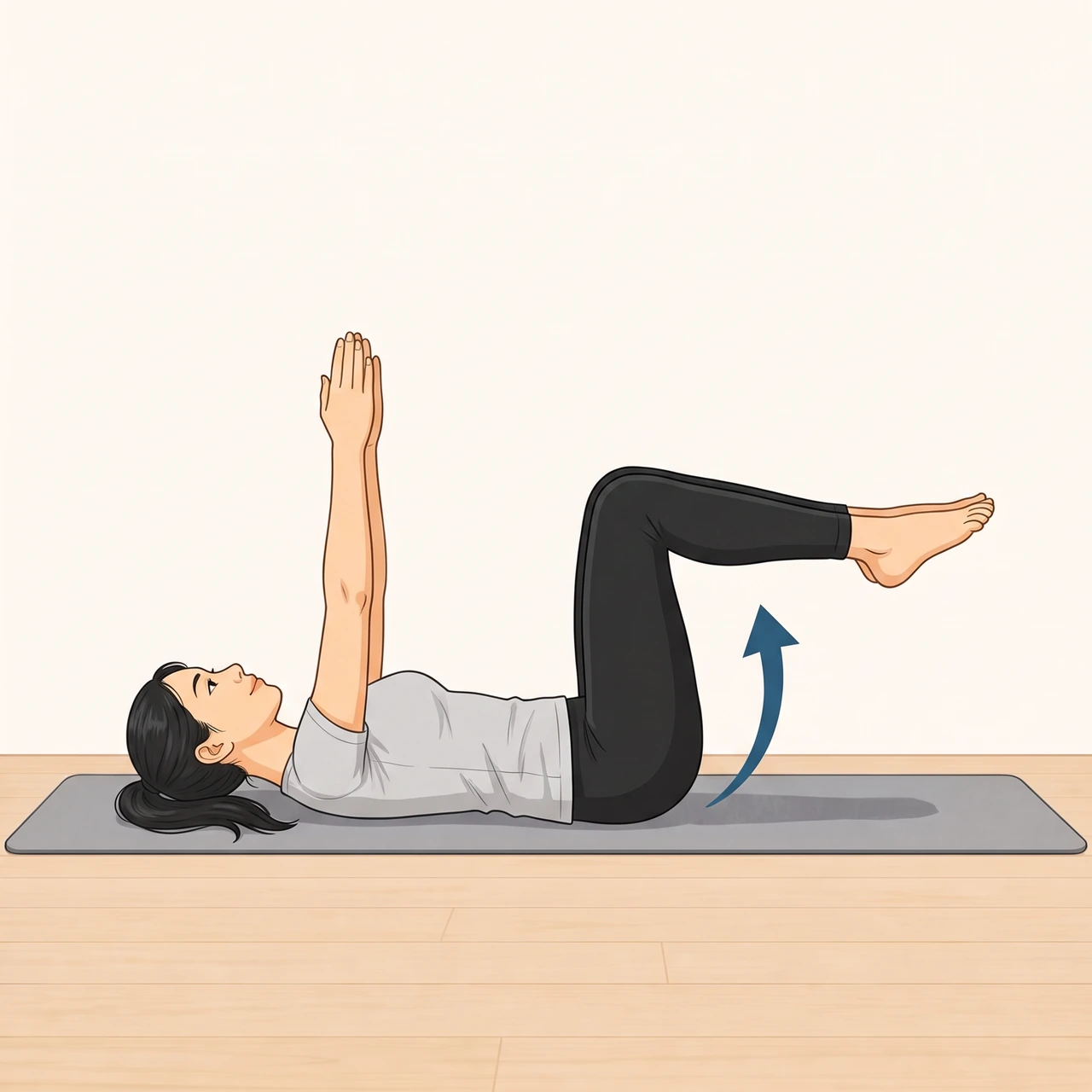 Illustration of a woman lying on her back in the dead bug starting position, arms pointing up and knees bent over her hips