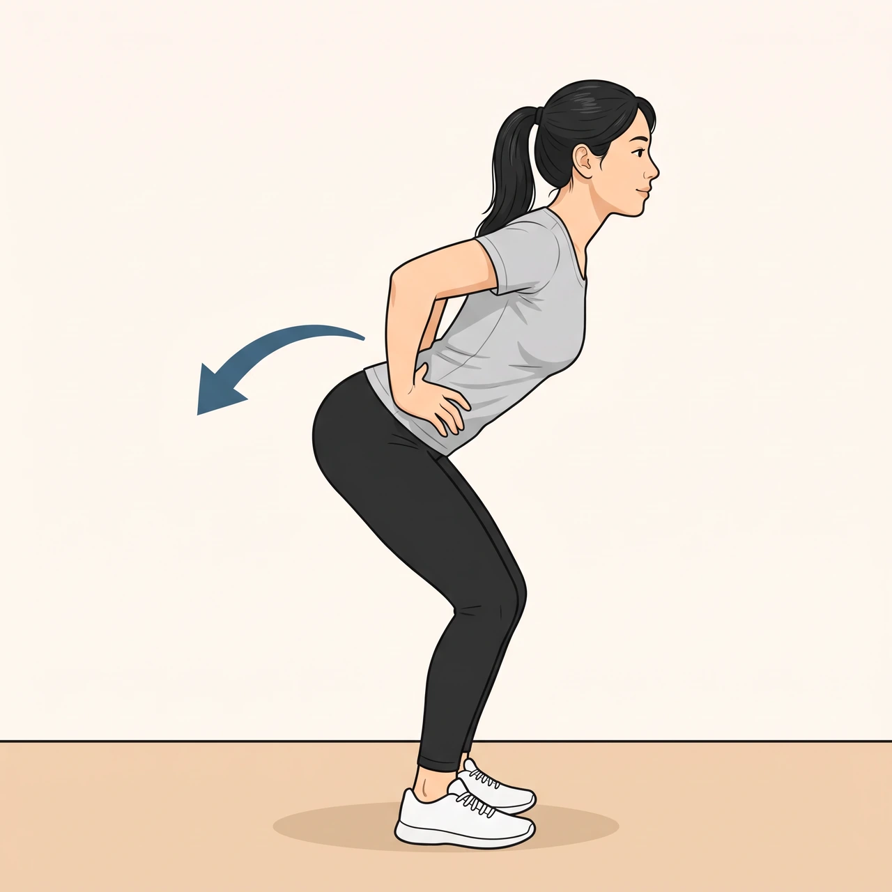 Illustration of a woman standing with hands on her hips, pushing her hips back with a straight back, with an arrow showing the hips moving back