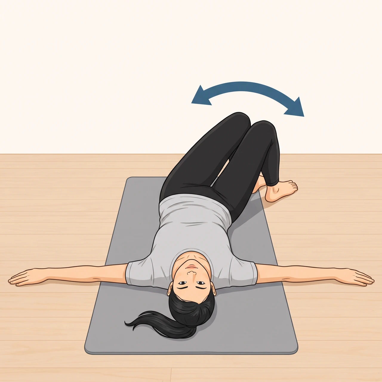 Illustration from above of a woman lying on her back with arms out and bent knees rolled to one side, with an arrow showing the side to side movement