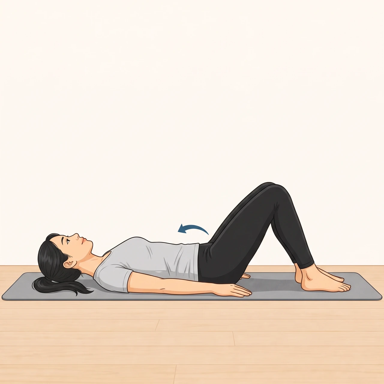Illustration of a woman lying on her back with knees bent, with an arrow at her pelvis showing it tilting back