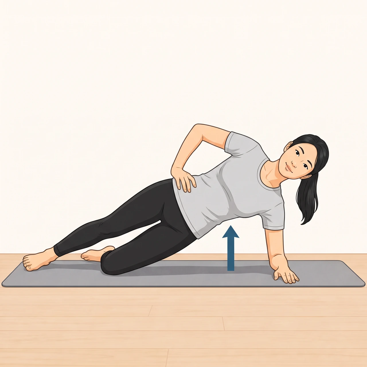 Illustration of a woman in a kneeling side plank, bottom knee on the mat and hips lifted, with an arrow pointing up under her hip