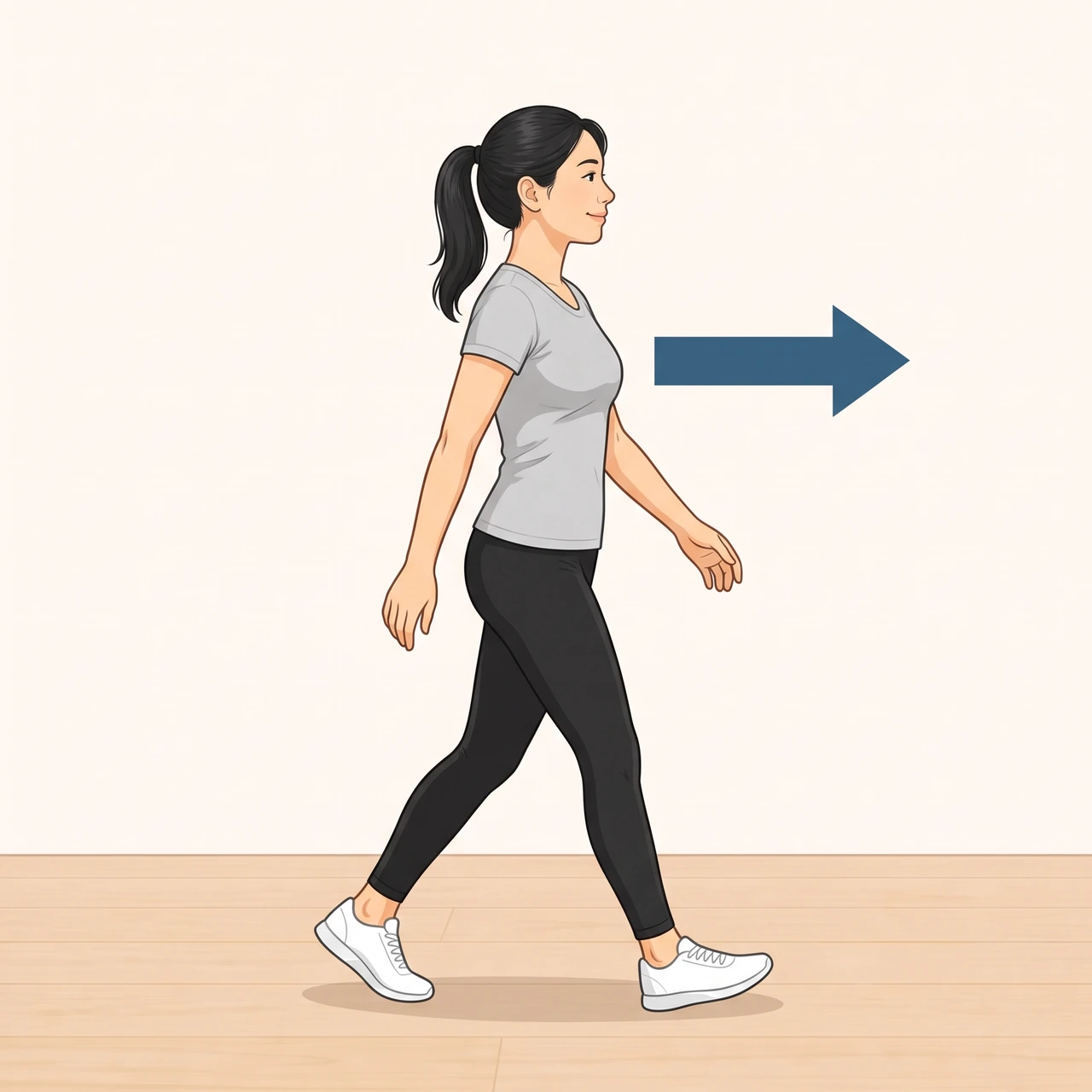 Illustration of a woman walking upright and relaxed, with an arrow pointing forward