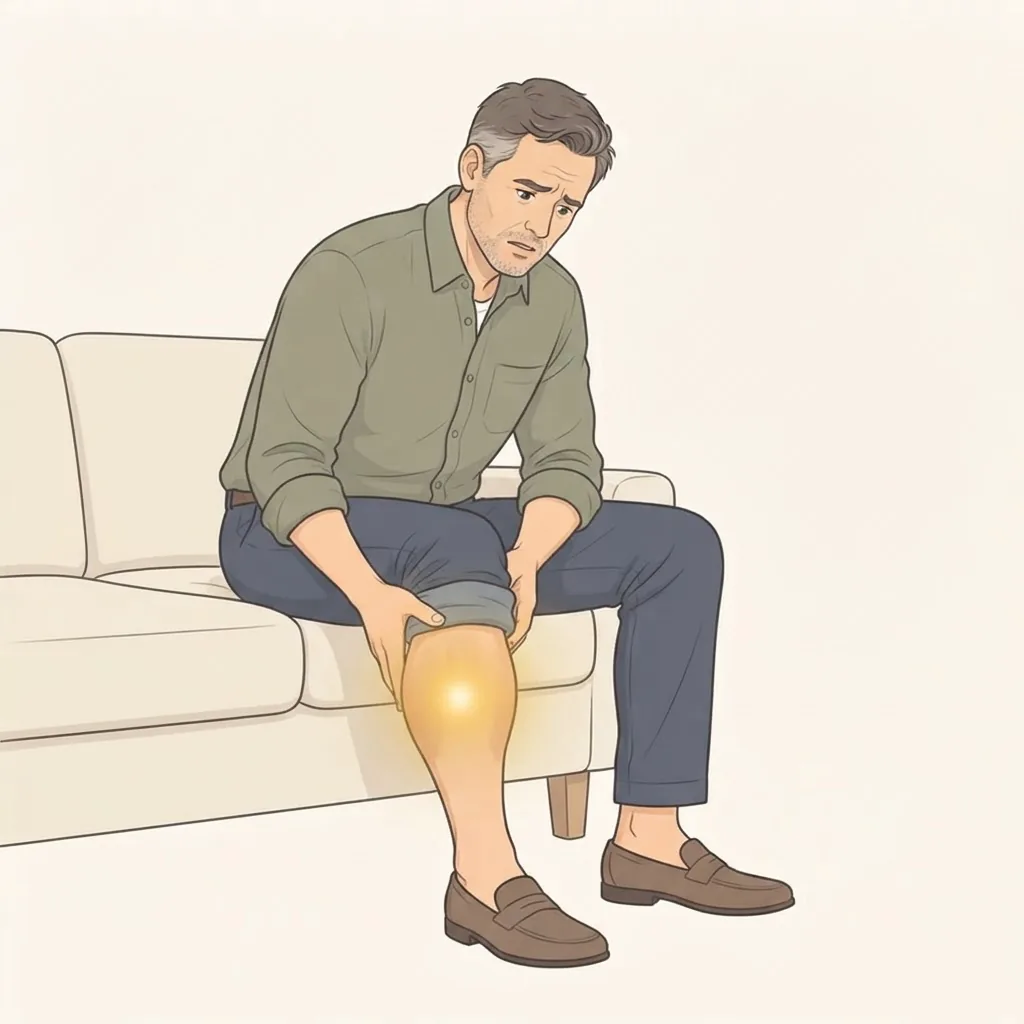 Illustration of a man sitting on a sofa with his trouser leg rolled up, looking with concern at his swollen lower leg, where a golden glow sits