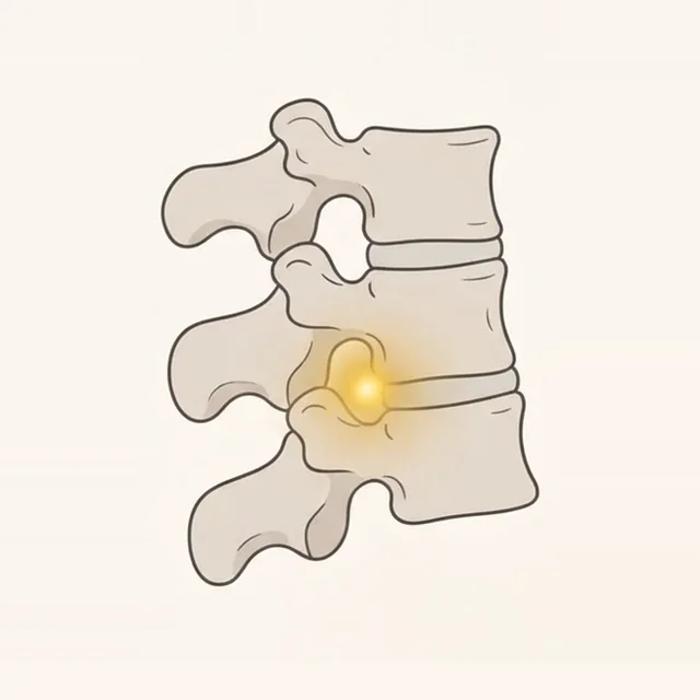 Illustration of lower back vertebrae in side view with a small golden glow at one joint between two of them