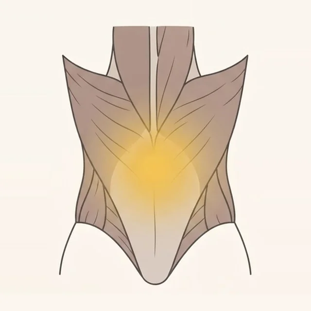 Illustration of the back muscles with a broad golden glow spread across the lower back