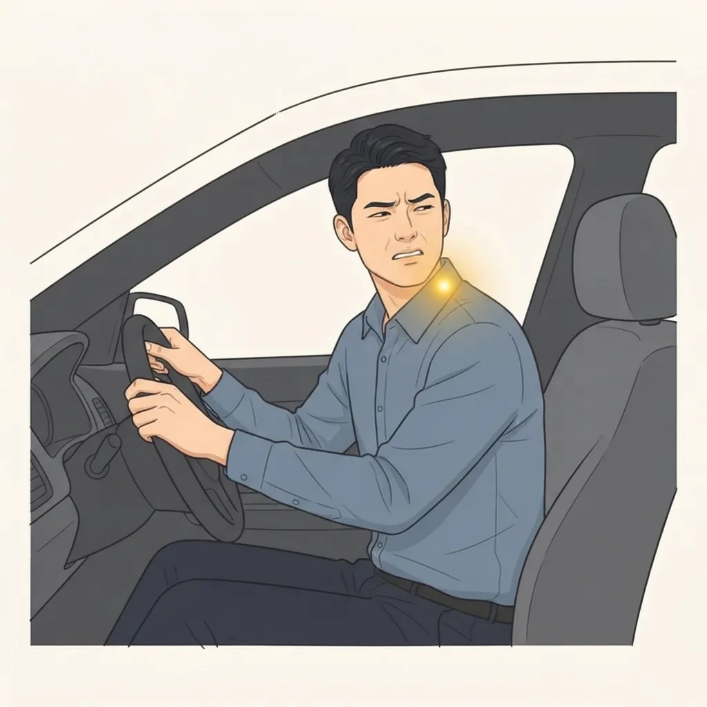 Illustration of a man in a car trying to turn his head to check over his shoulder, wincing, with a small golden glow at one spot on the side of his neck