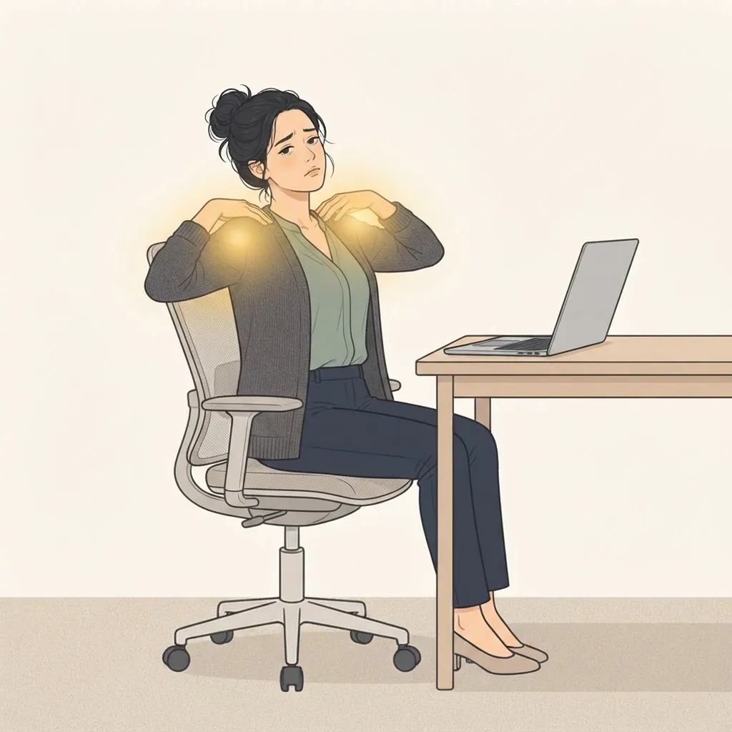 Illustration of a woman at her desk rolling her tight shoulders with her hands on them, with a broad golden glow across her shoulders and upper back