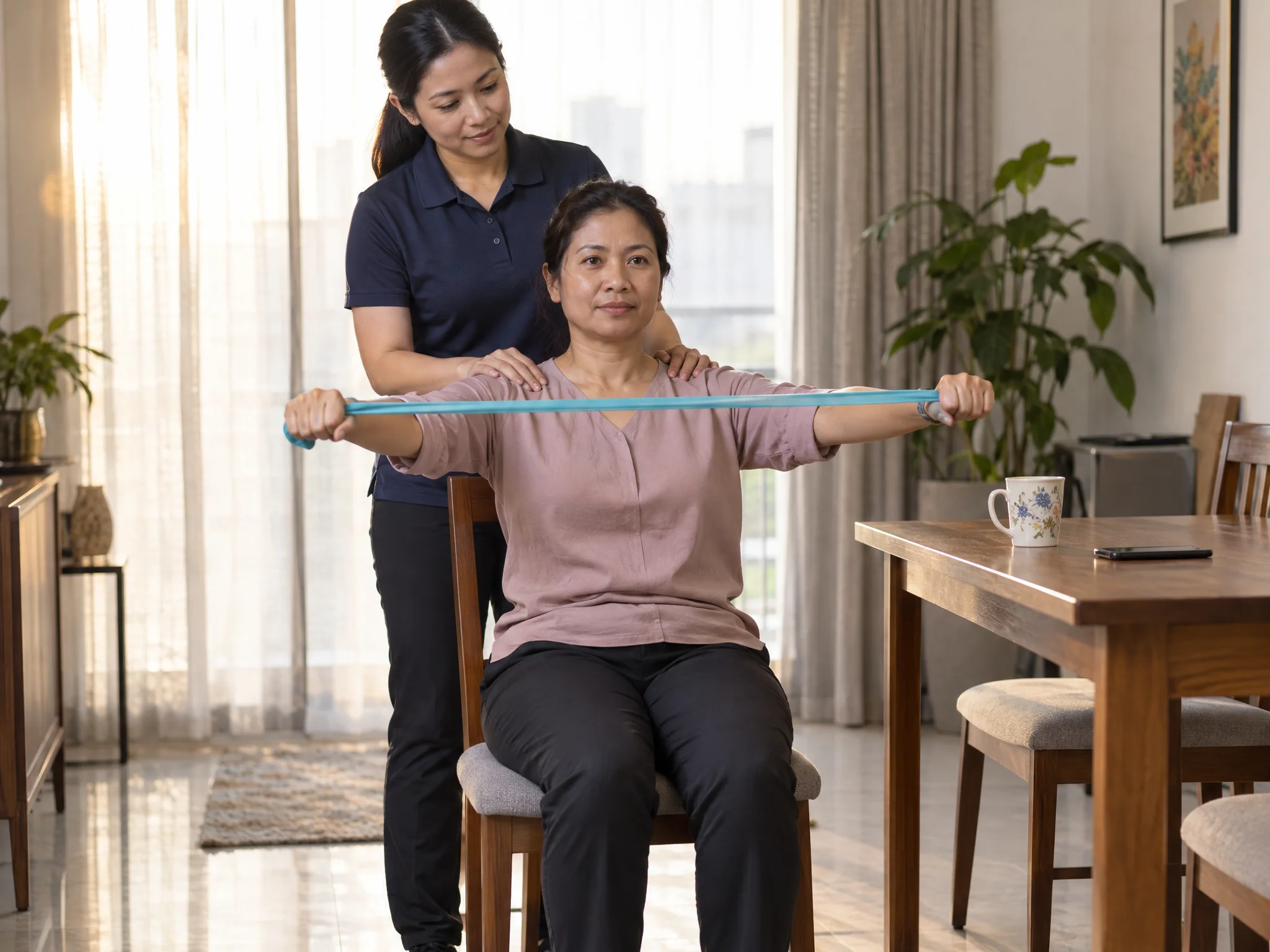 Physiotherapist standing behind a seated woman at home, hands on her shoulders, as she holds a resistance band out in front of her