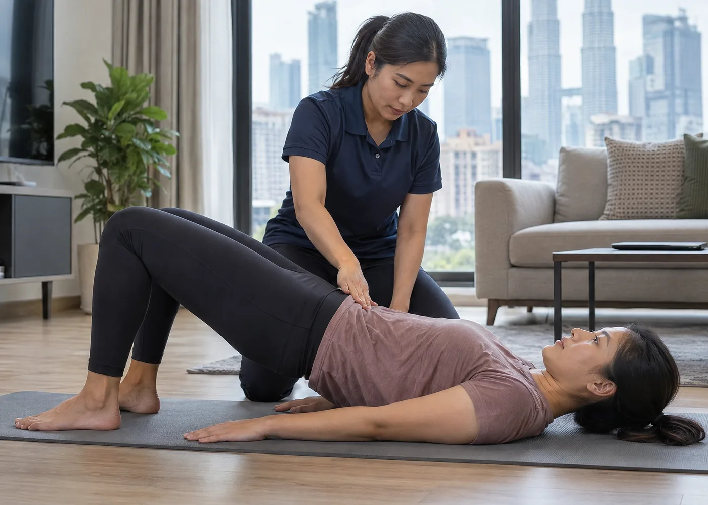 Physiotherapist kneeling beside a woman on an exercise mat in a living room, guiding her through a bridge exercise