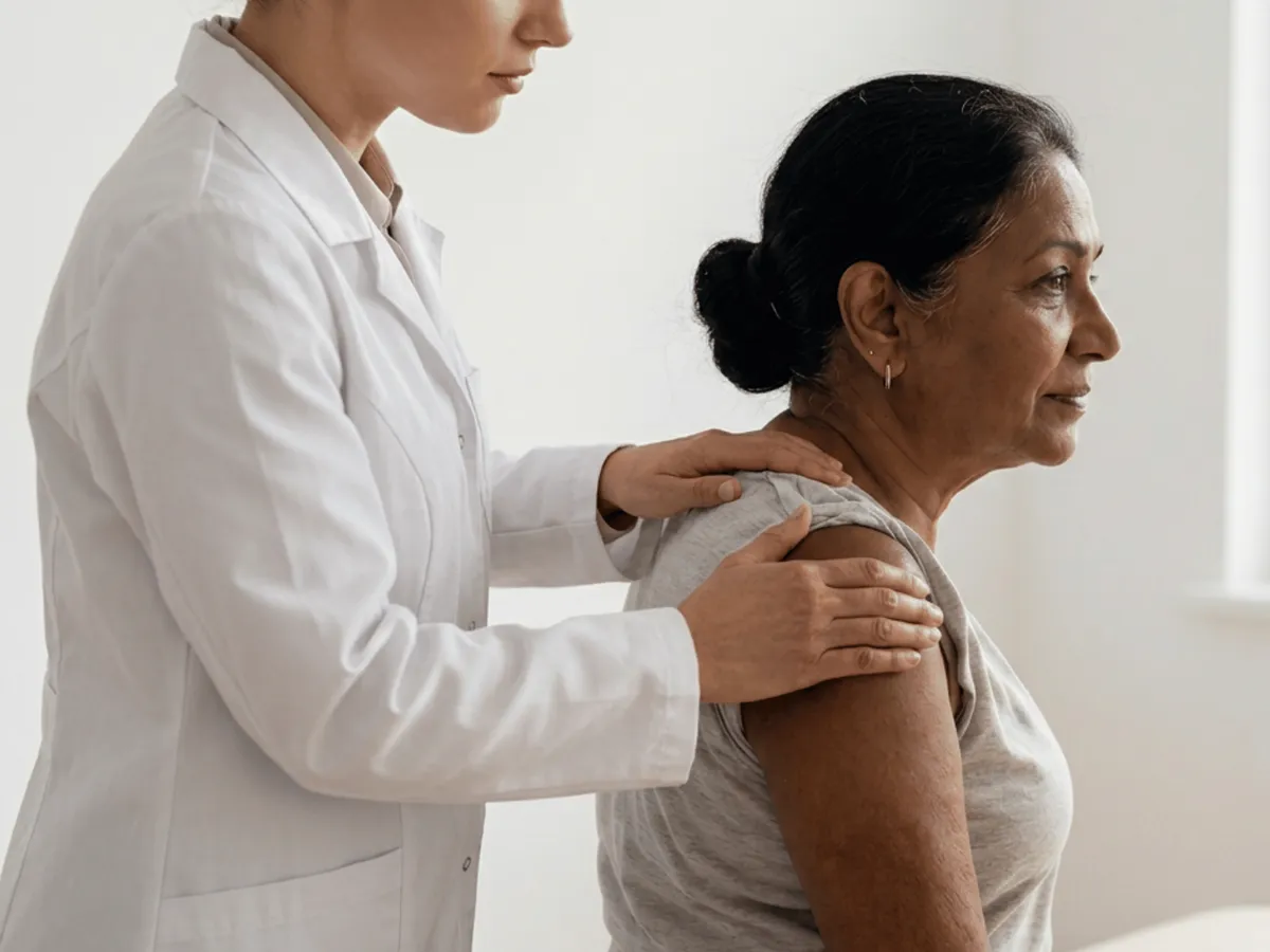 Klinisian meletakkan tangan di bahu seorang wanita yang sedang duduk semasa penilaian