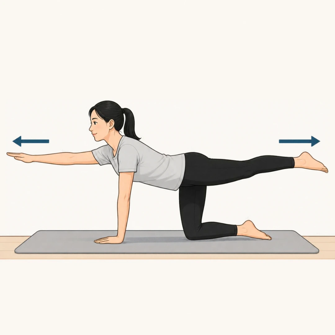 Illustration of a woman on hands and knees reaching one arm forward and the opposite leg back, with arrows pointing outwards