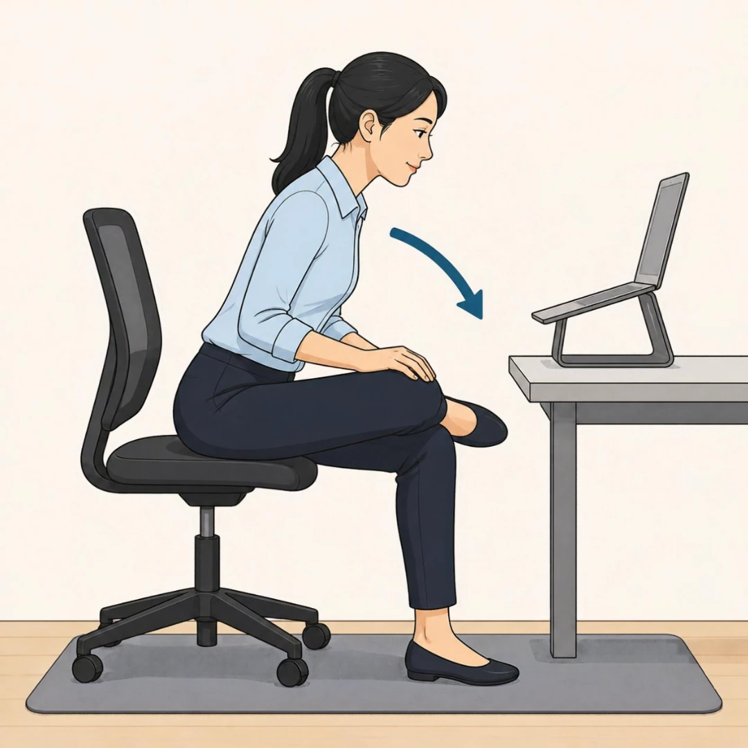 Illustration of a woman at an office desk with one ankle resting on the opposite knee, leaning forward from the hips in a seated figure-4 stretch
