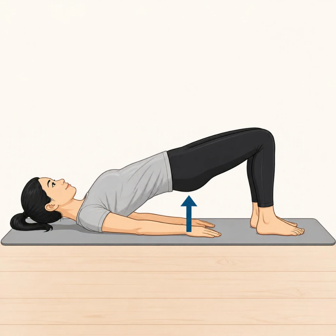 Illustration of a woman lying on her back with knees bent and hips lifted in a glute bridge, with an arrow pointing up under her hips
