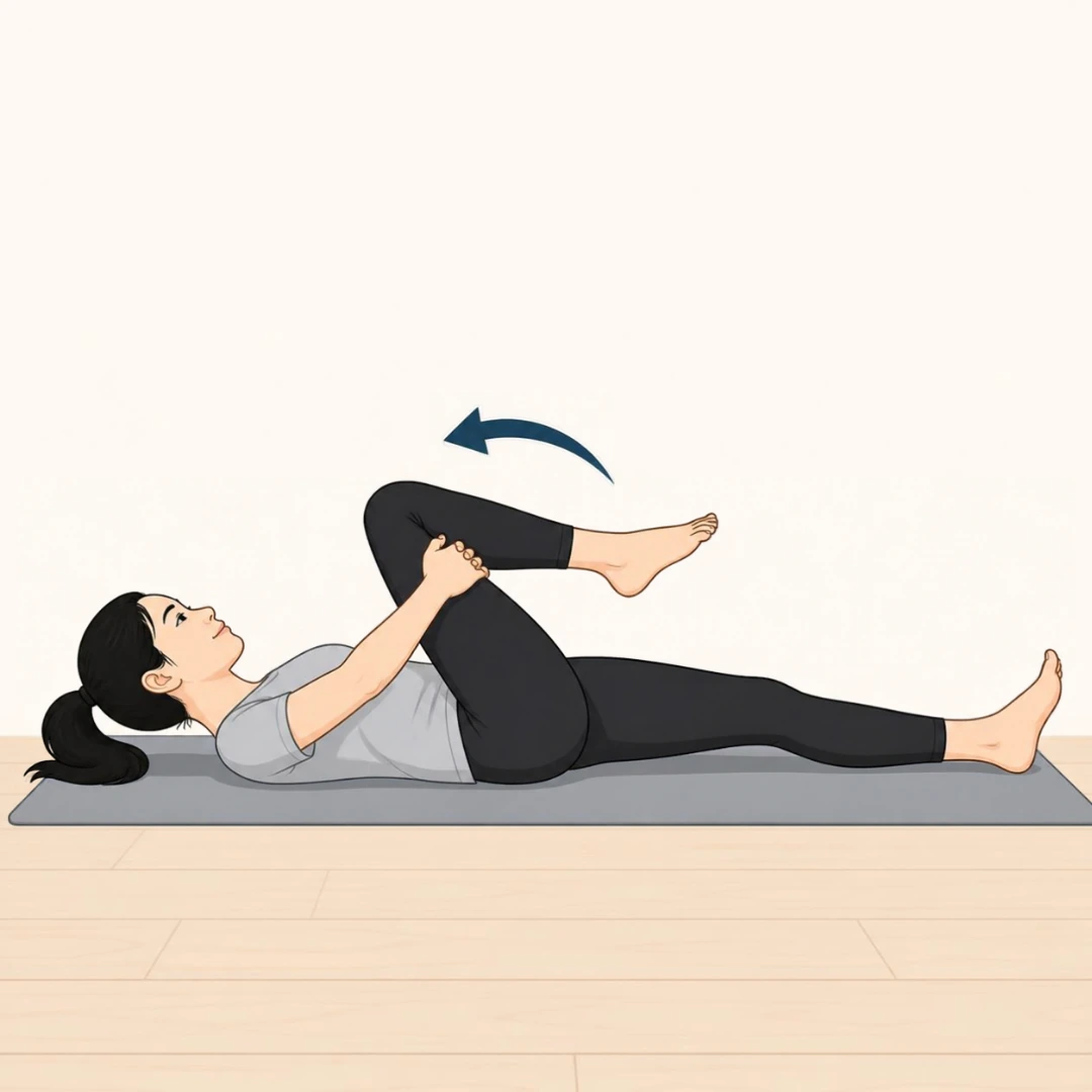 Illustration of a woman lying on her back with one leg straight and the other knee drawn towards her chest, with an arrow showing the direction