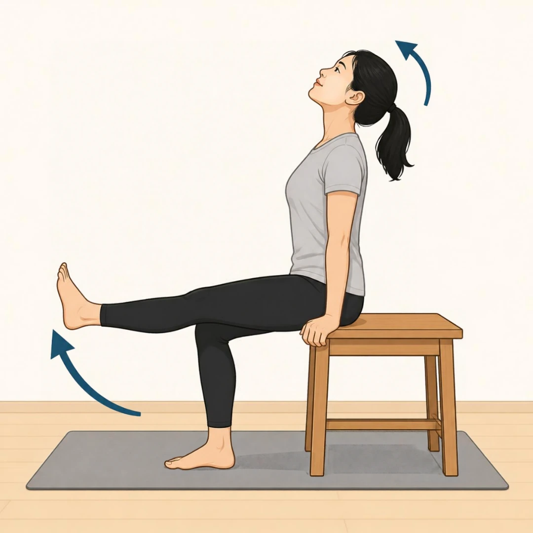 Illustration of a woman sitting on the edge of a stool, straightening one knee while tipping her head back, with arrows showing both movements