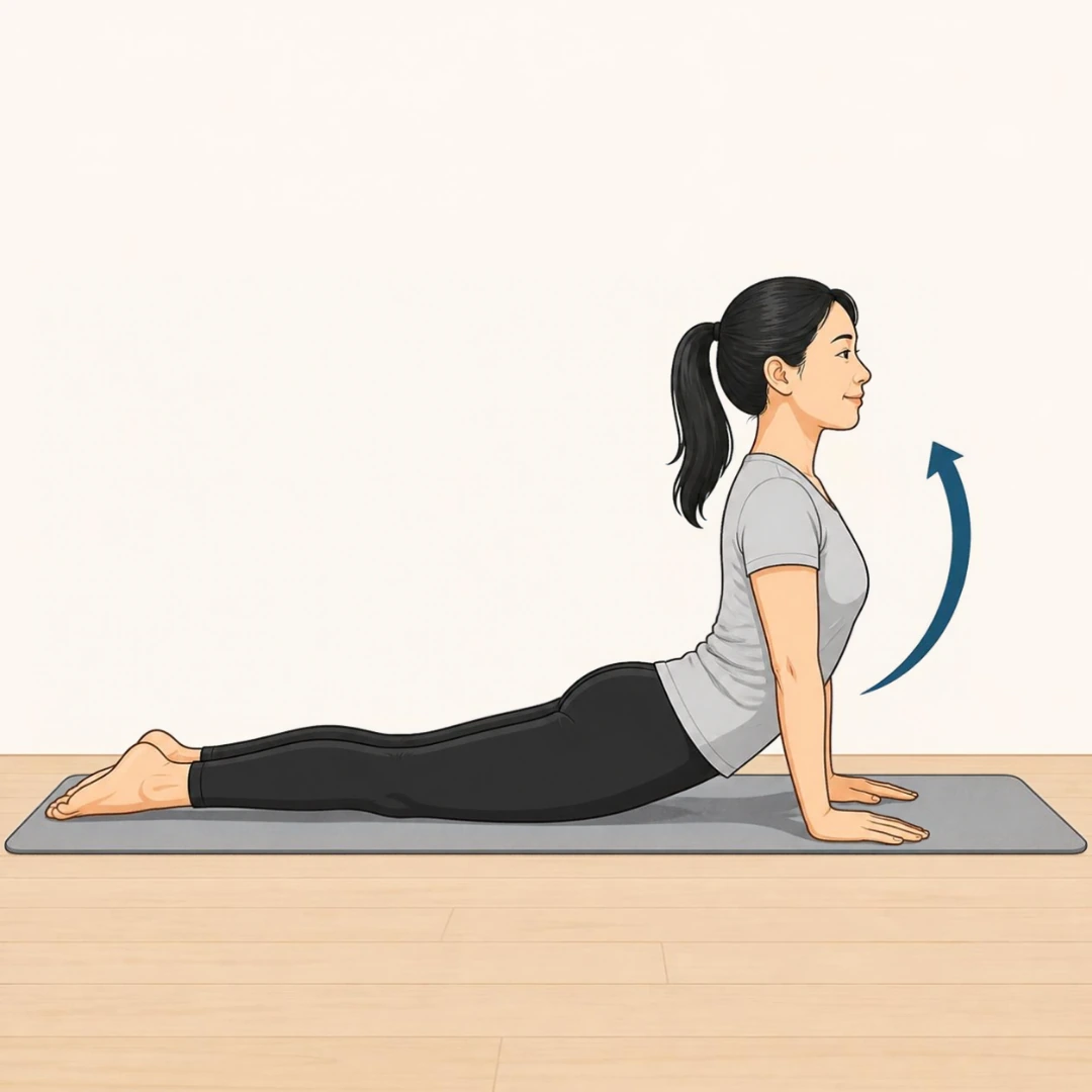 Illustration of a woman lying face down on a mat, pressing up on straight arms with her hips staying down, with an arrow showing the chest lifting