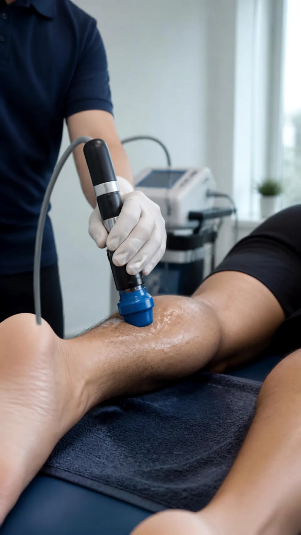 Gloved clinician holding a shockwave applicator against a patient lower leg