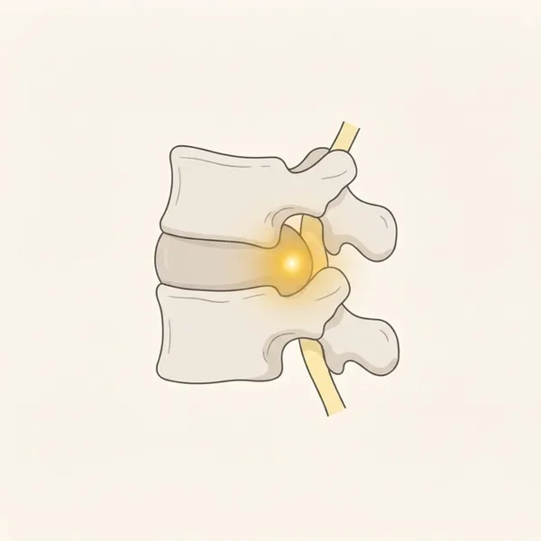 Ilustrasi dua vertebra pinggang bawah dari sisi dengan cakera di antaranya membonjol ke belakang ke arah saraf, ditanda dengan cahaya keemasan