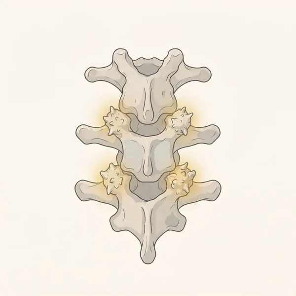 Ilustrasi tiga vertebra pinggang bawah dilihat dari belakang, dengan sendi kecil di bahagian belakang membesar kerana taji tulang dan cahaya keemasan di sekelilingnya