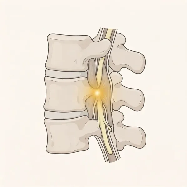 Ilustrasi tiga vertebra pinggang bawah dari sisi dengan saluran tulang belakang dipotong terbuka, ligamen yang menebal di bahagian belakang saluran dan cahaya keemasan di tempat ia menyempit di sekeliling saraf