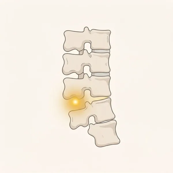 Ilustrasi turus vertebra pinggang bawah dari sisi, dengan satu vertebra teranjak ke hadapan di atas vertebra di bawahnya dan cahaya keemasan pada anjakan itu