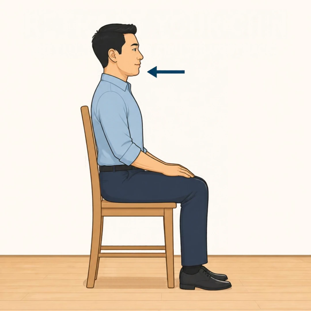 Illustration of a man sitting tall in side profile, with an arrow showing his chin drawing straight back
