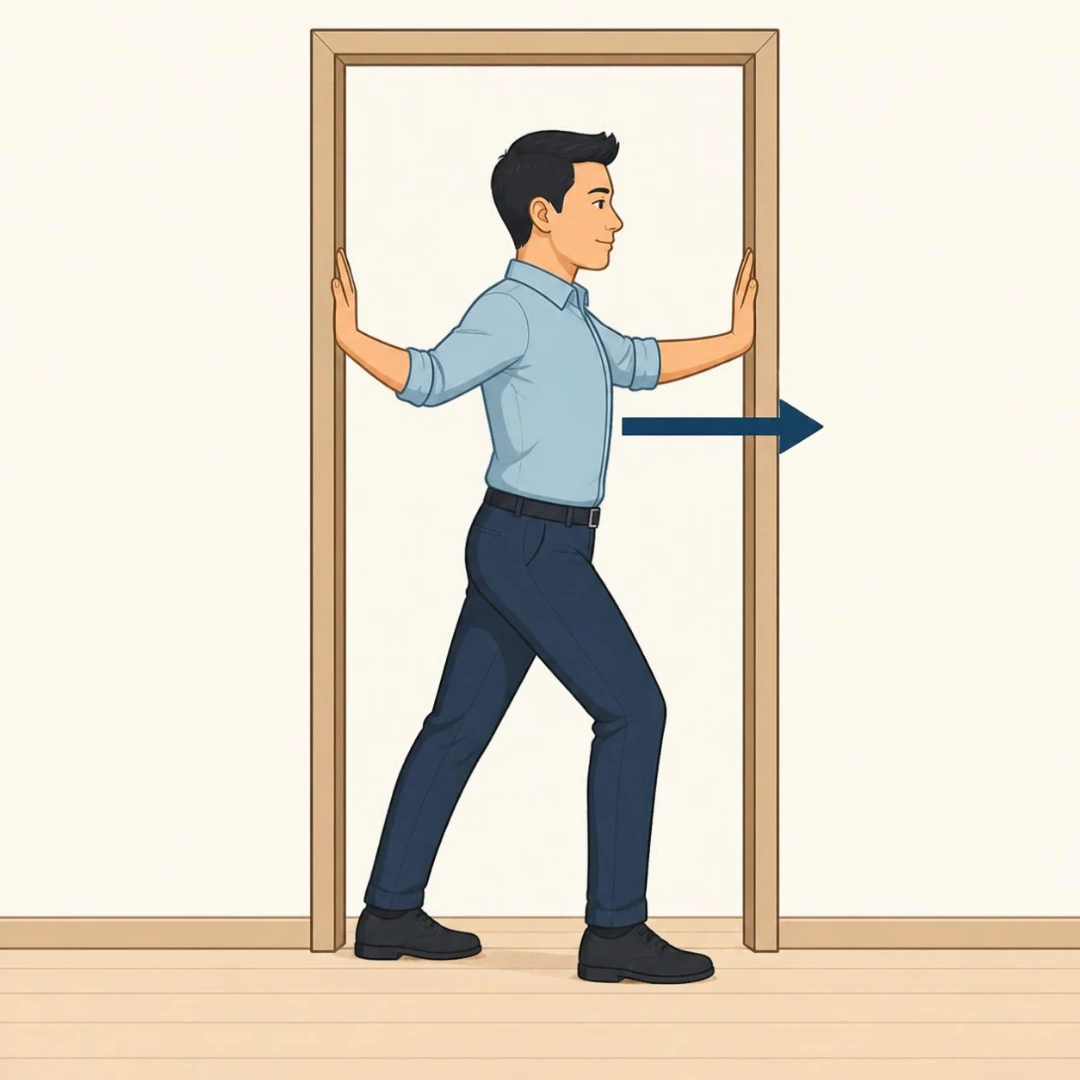 Illustration of a man standing in a doorway with his hands on the door frame, stepping forward, with an arrow pointing forward