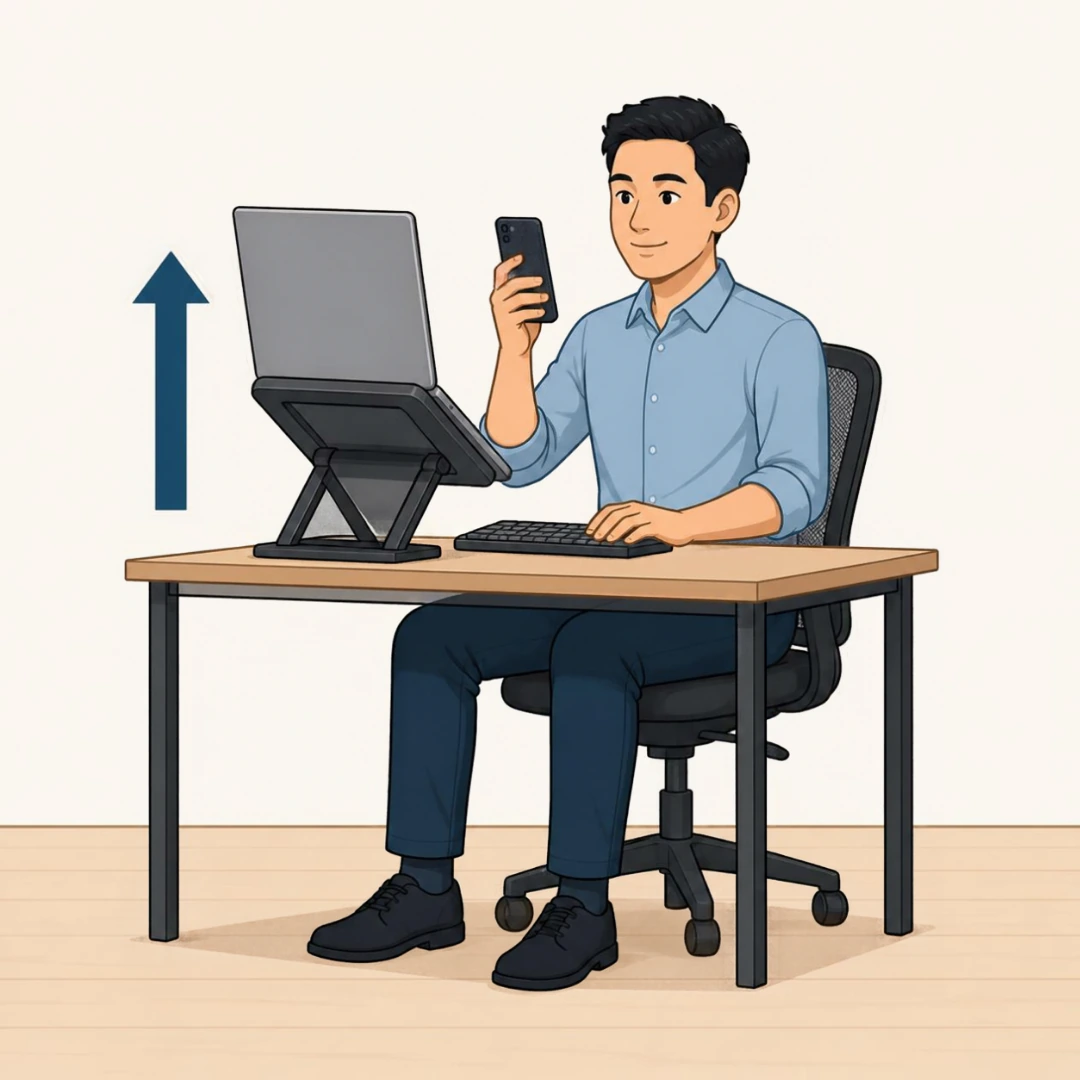 Illustration of a man sitting upright at a desk with his laptop raised on a stand to eye level, a separate keyboard, and his phone held up near eye level