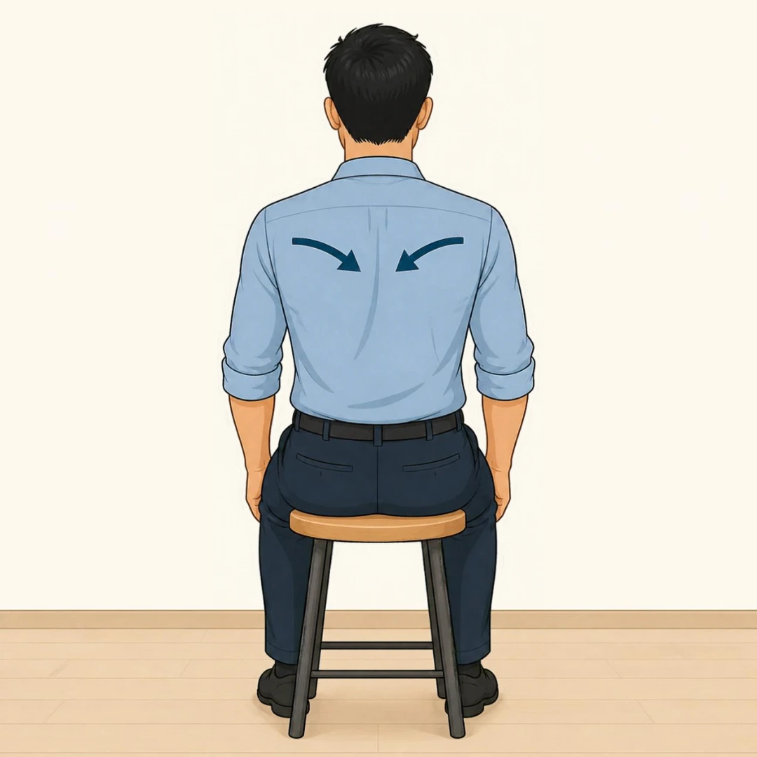 Illustration of a man seen from behind on a stool, with arrows showing his shoulder blades drawing in towards the spine