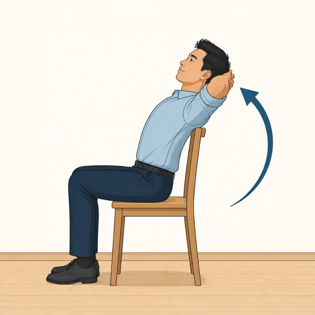 Illustration of a man seated with hands behind his head, arching his upper back backwards over the top of the chair, with a curved arrow showing the movement